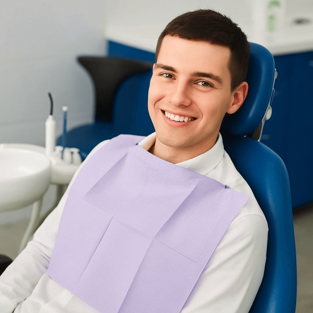 Man Smiling Comfortably In Dental Chair With Clinic Background Man Smiling Comfortably In Dental Chair With Clinic Background