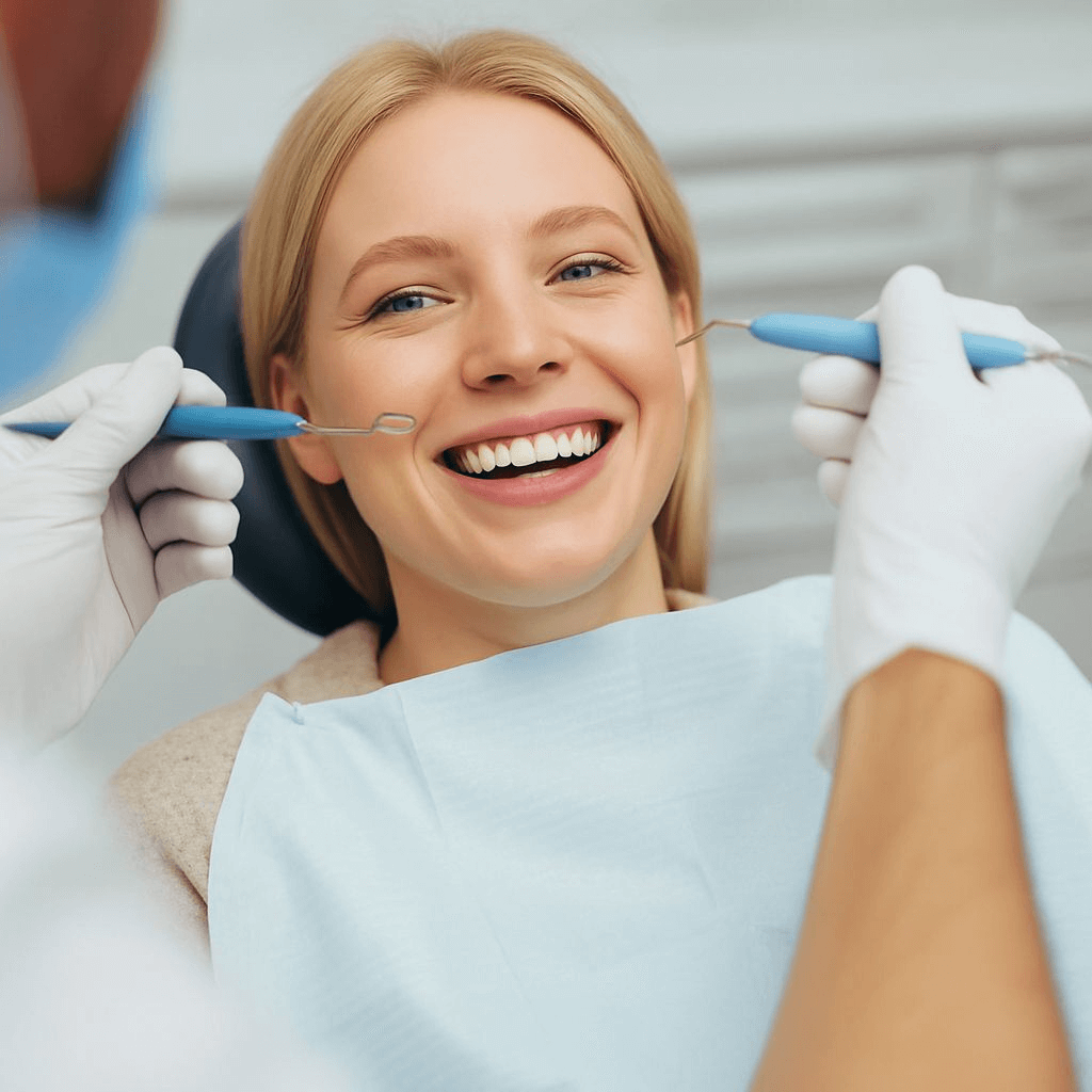 Smiling Blonde Woman in Dental Chair Amid Bright Clinical Setting Smiling Blonde Woman in Dental Chair Amid Bright Clinical Setting
